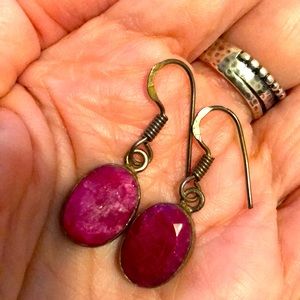 Rough Ruby fish hook earrings.
